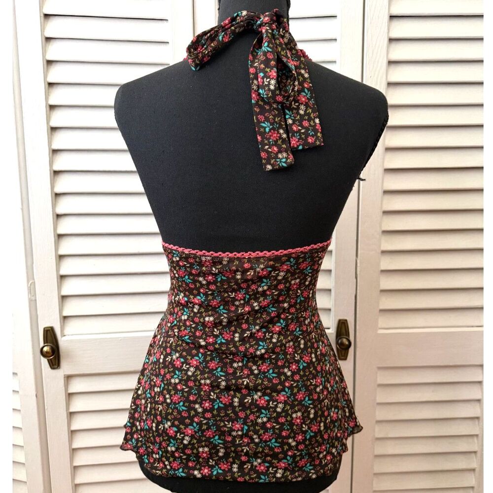 Vintage Y2K Candie's Ditsy Floral Ruched Front Pink Lace Halter Top Size S - Picture 3 of 6